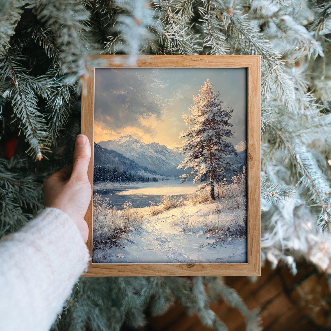 Snowy Pine By A Frozen Lake With Mountain Sunset Glow Poster - Image 6