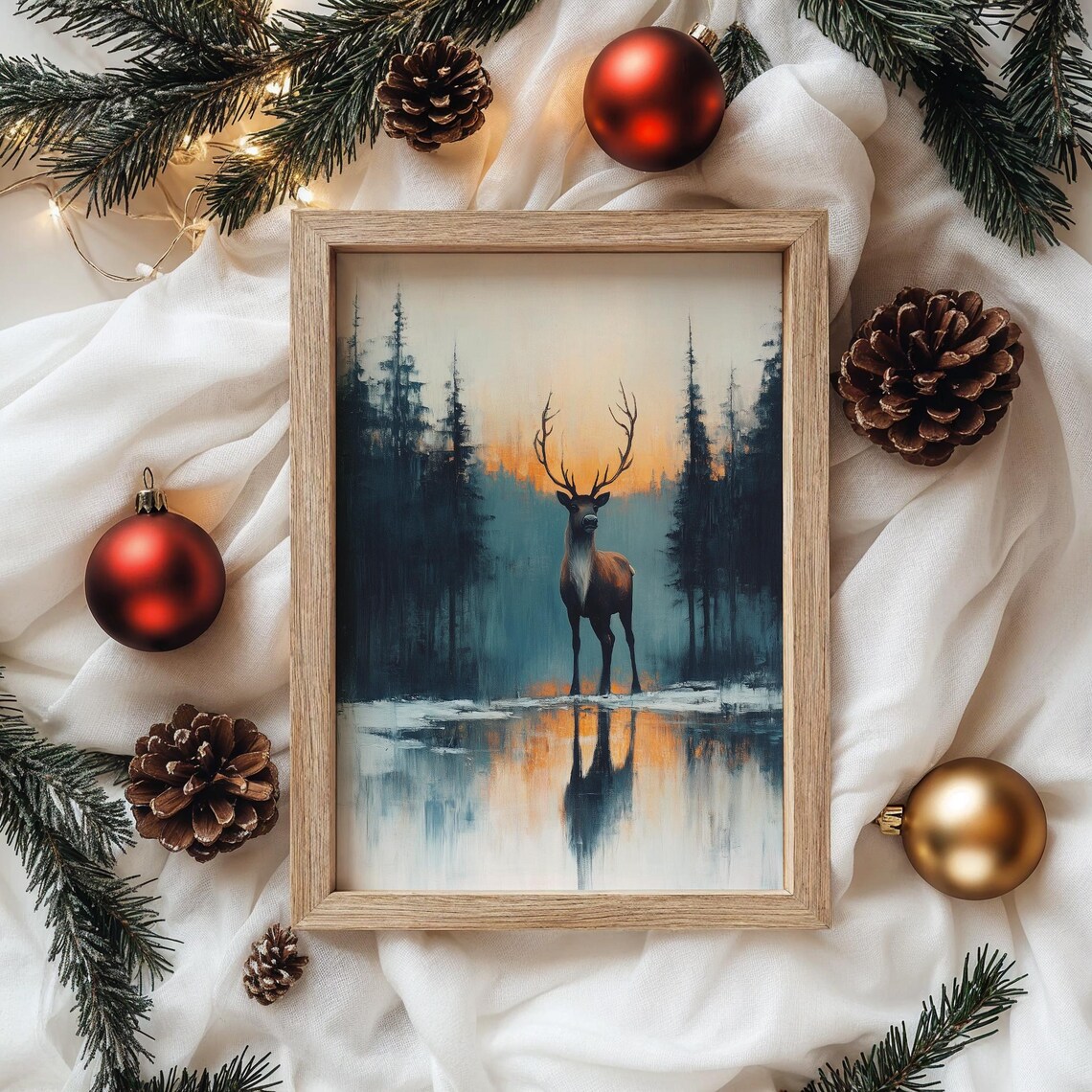 Reindeer Standing in Water at Sunset Wildlife Oil Painting Print - Image 4