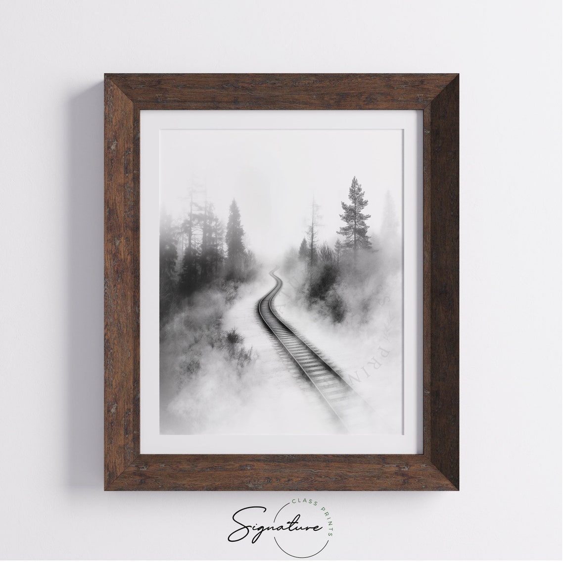 Old Railway Tracks Curving Through A Foggy Forest Misty Poster - Image 4