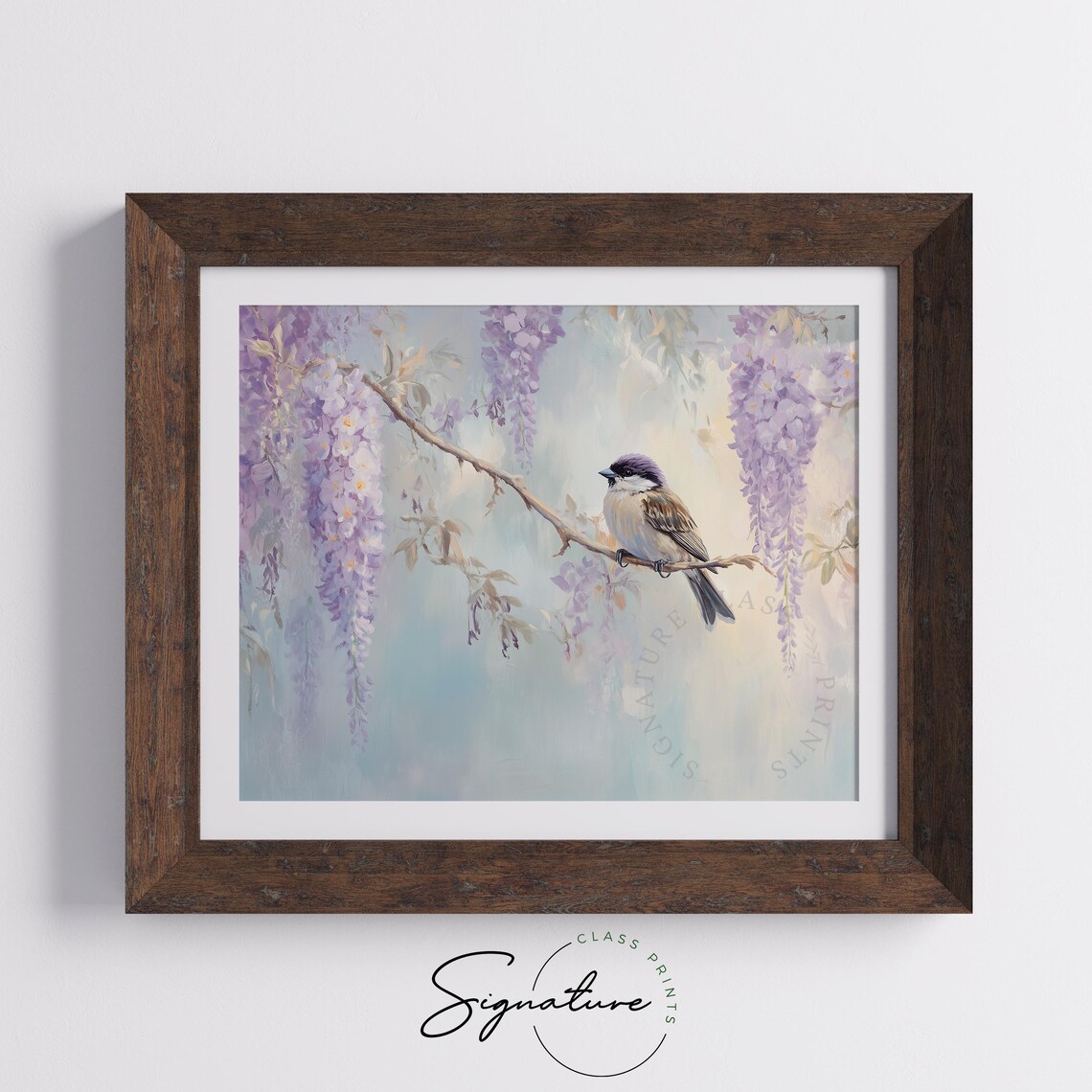 Sparrow On Branch With Hanging Wisteria Blossom Clusters Poster - Image 3