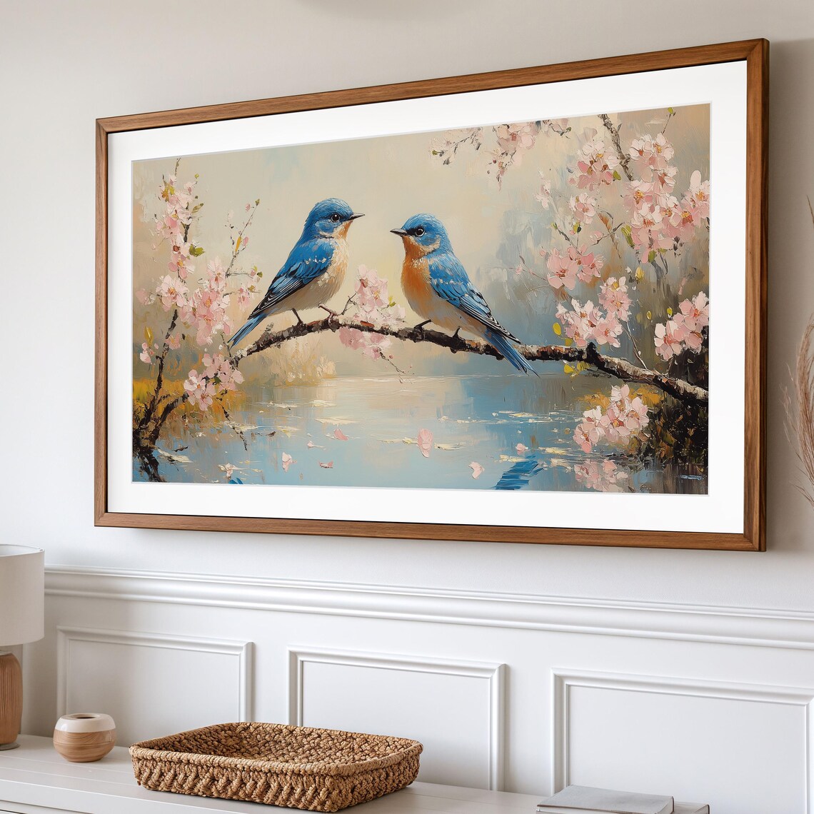 Bluebirds Pair Cherry Blossom Branch Spring Birds Pink Flowers Water Poster - Image 2