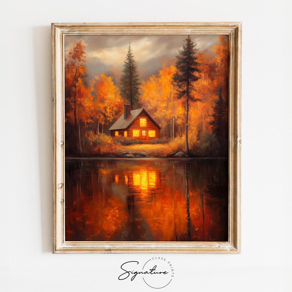 Cozy Autumn Cabin by the Lake Vintage Art Print