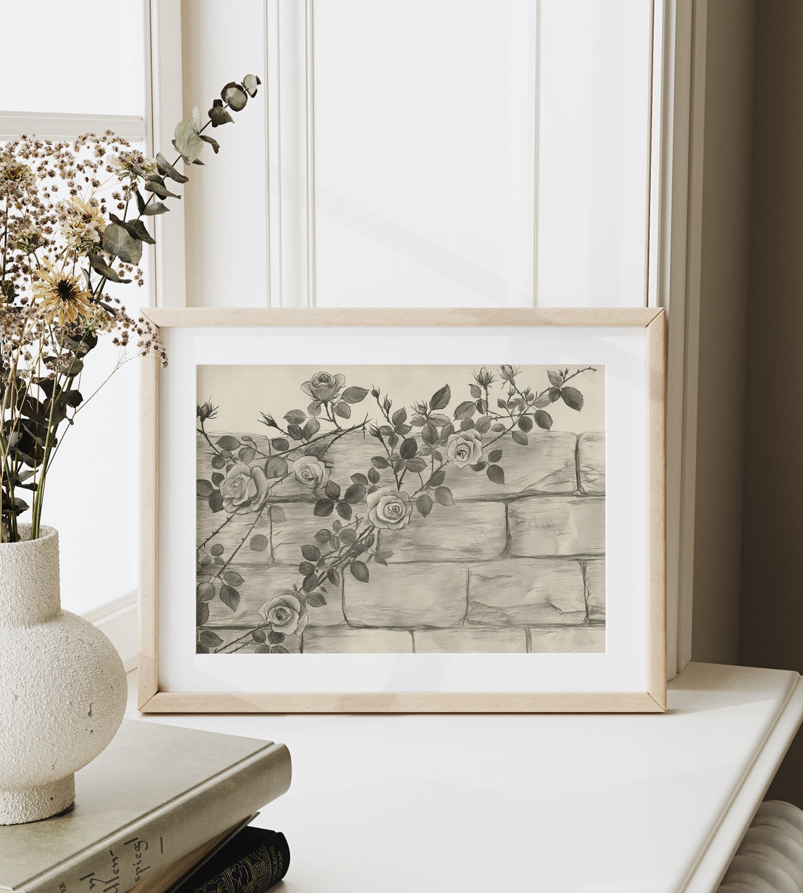 Climbing Roses on Brick Wall Pencil Sketch Vintage Botanical Poster - Image 6