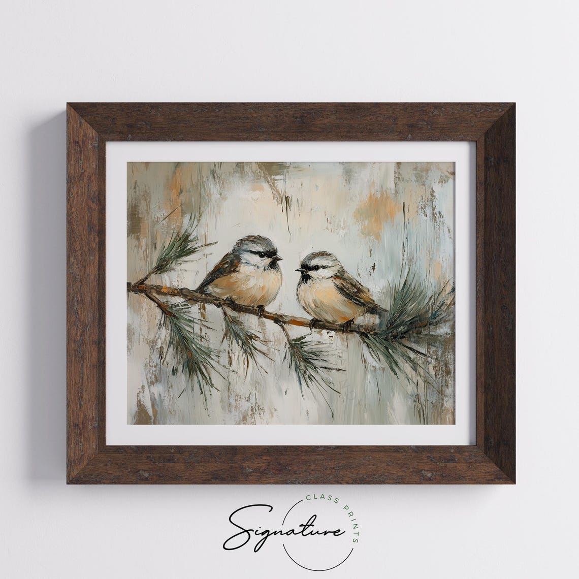 Two Chickadees Perched On A Pine Branch In Soft Winter Hues Poster - Image 5