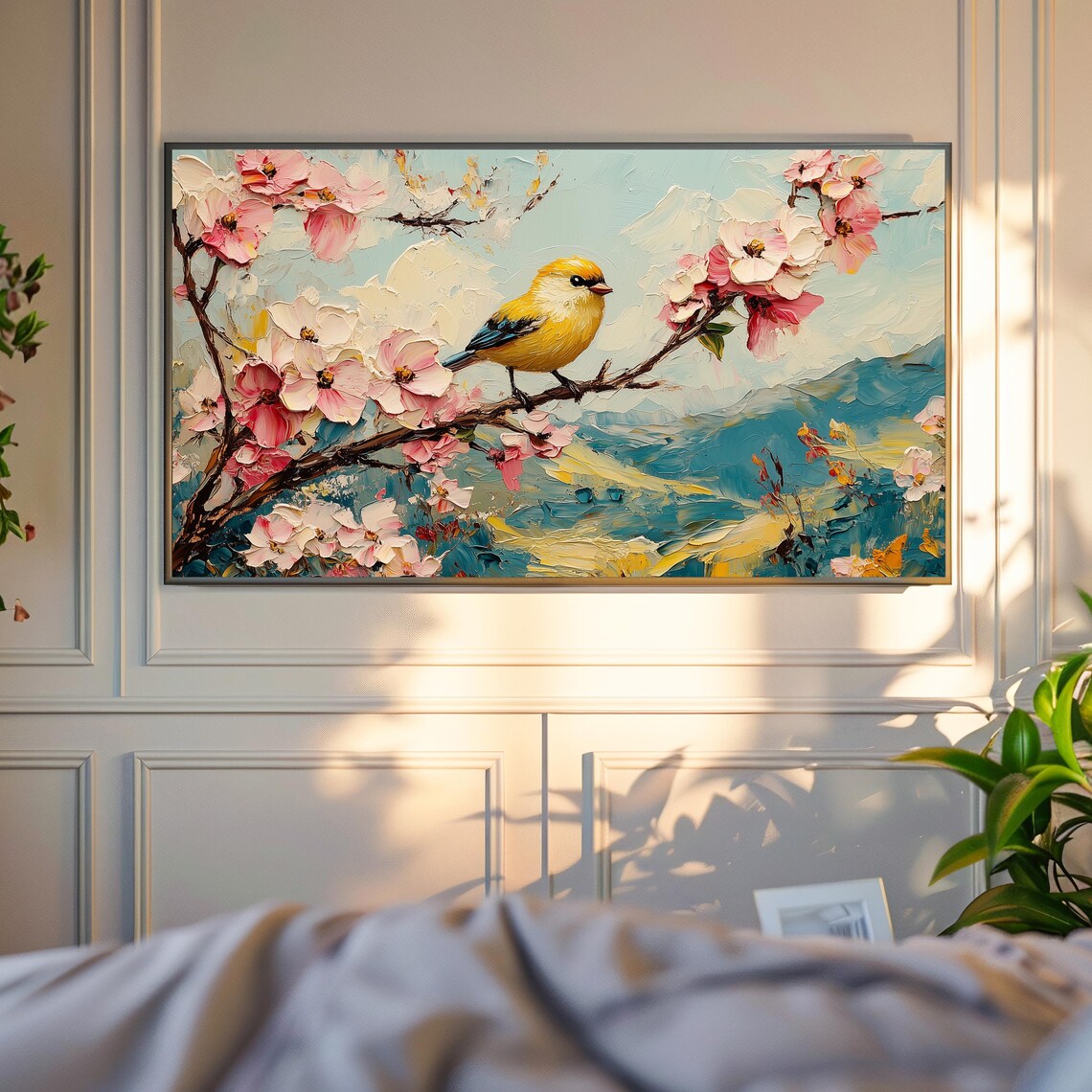 Yellow Finch On Cherry Blossom Branch Above Turquoise Hills Poster - Image 4