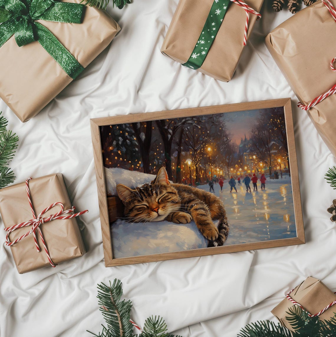 Sleeping Tabby Cat on Snowy Railing with Winter Ice Skaters Poster - Image 2