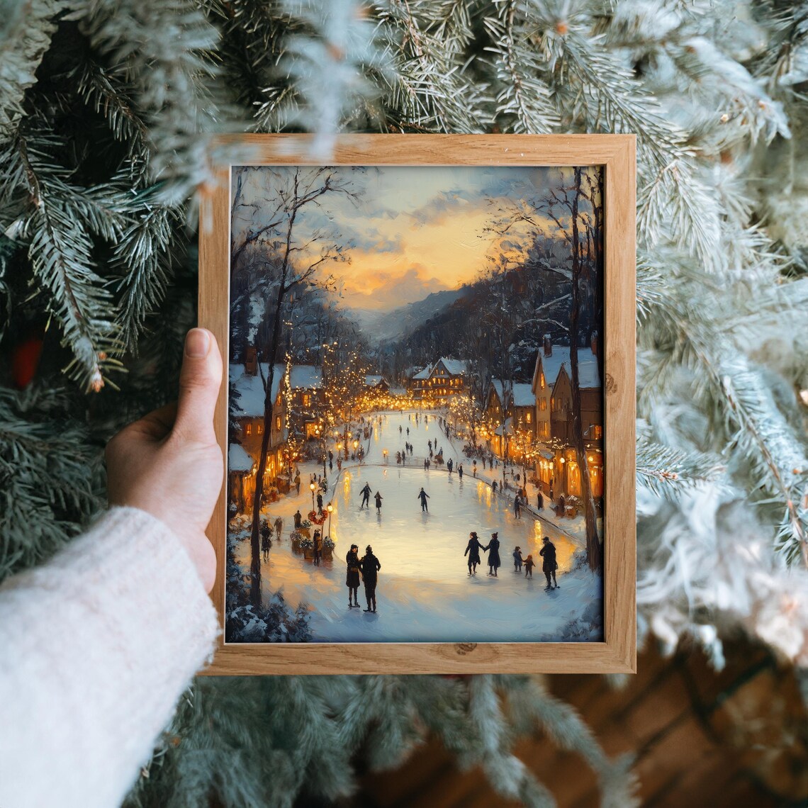 Sunset Ice Skaters on Frozen Pond with Village Lights and Tree Poster - Image 6