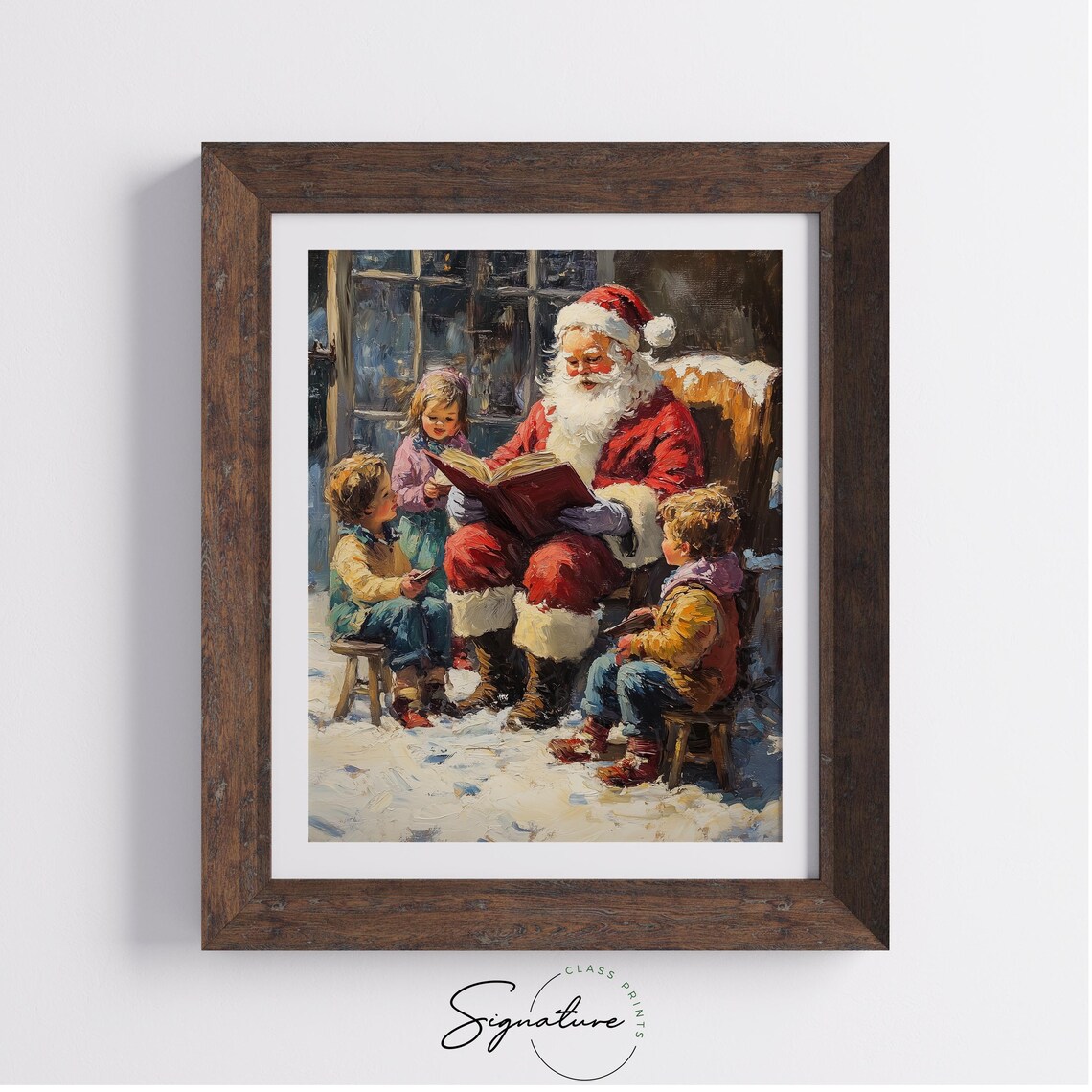 Santa Claus Reading Stories to Children in the Snow at Night Poster - Image 4