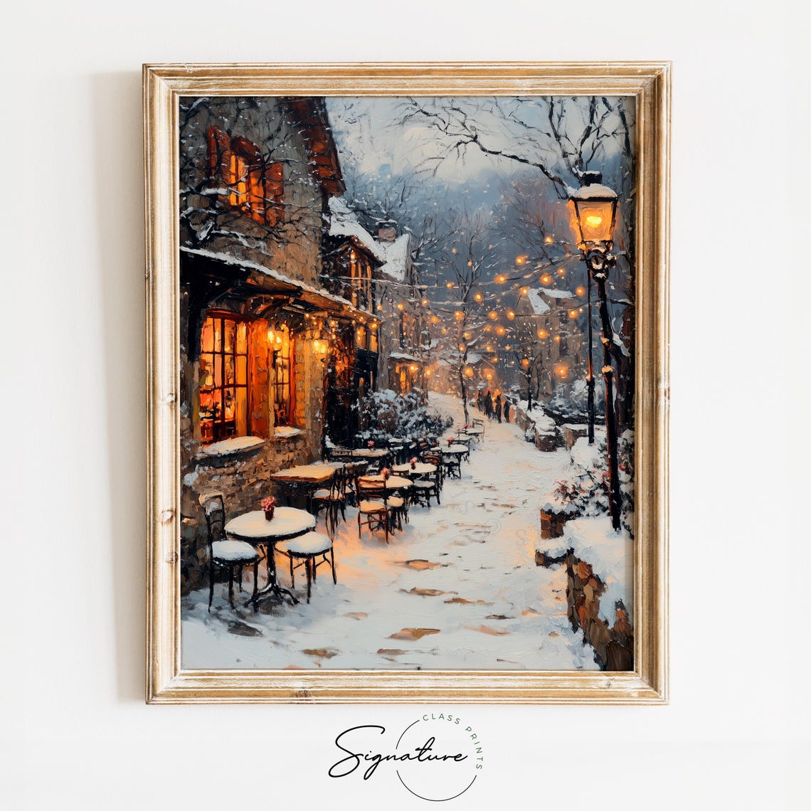 Snowy Village Square With Outdoor Cafe Winter String Lights Poster