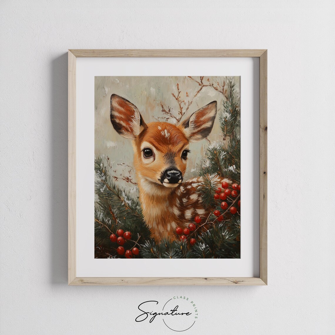 Fawn Among Pine Branches and Red Berries Winter Oil Painting Print - Image 2