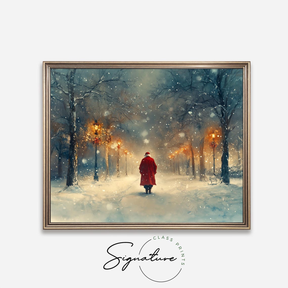 Santa Claus Walking A Snowy Lamp Lit Park Path On Christmas Poster - Image 4