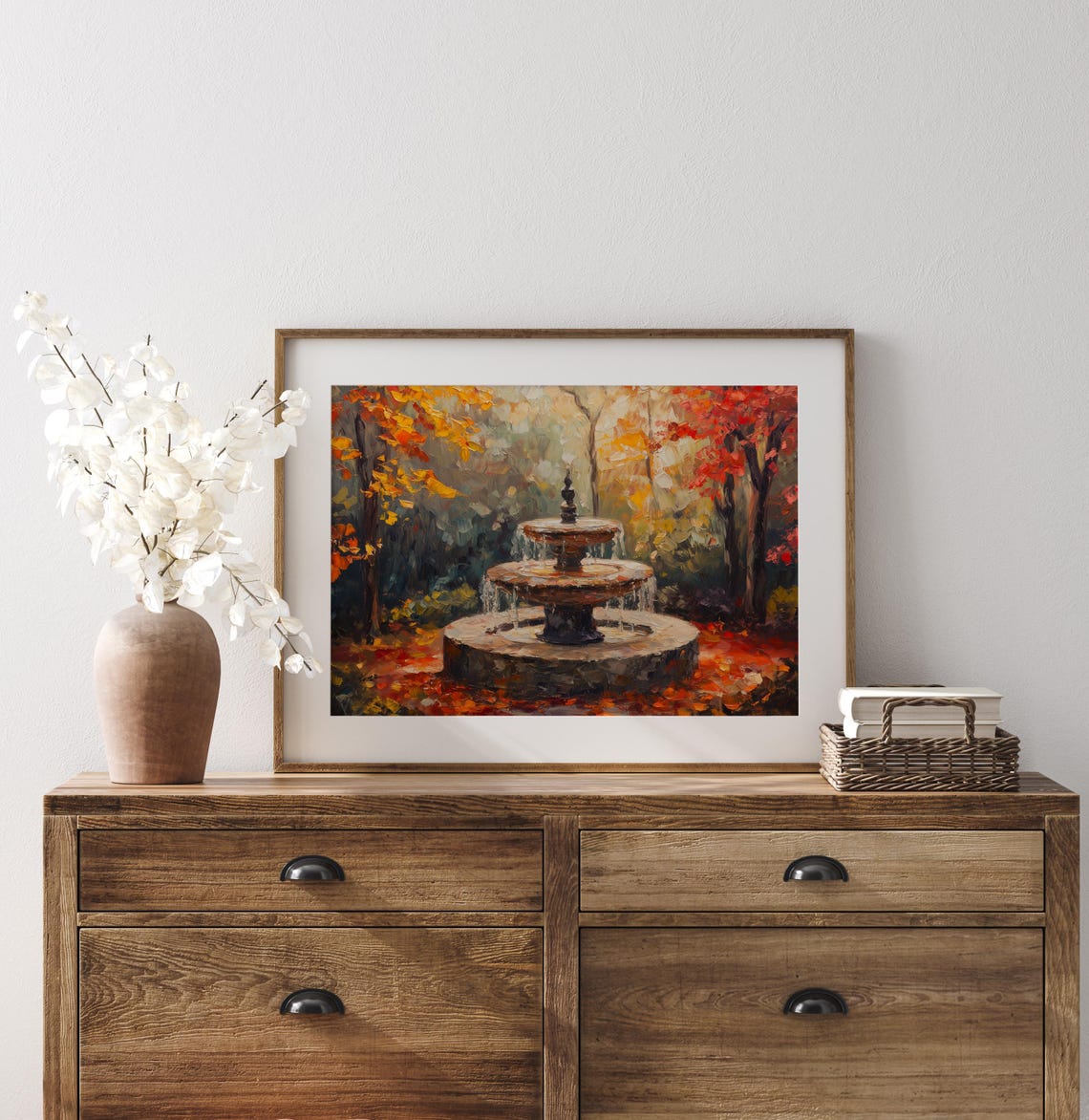 Autumn Garden Fountain Painting Fallen Leaves Rustic Fall Decor Poster - Image 3