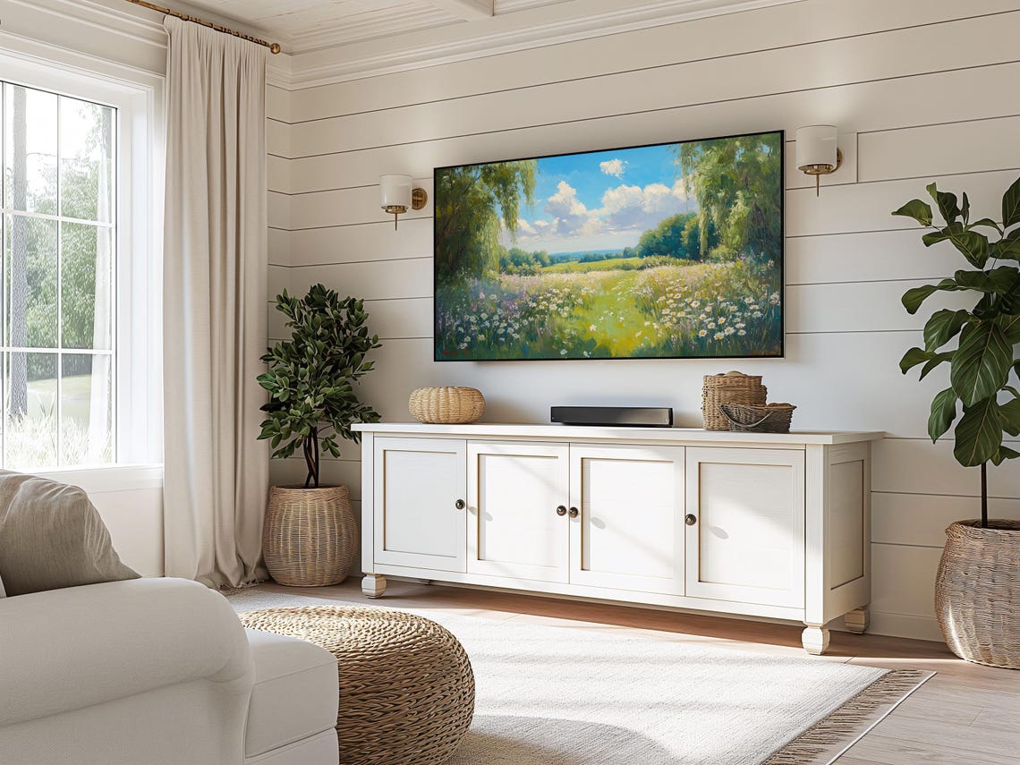 Daisy Meadow Framed By Willow Trees Under Blue Sky Frame TV Wall Art - Image 5