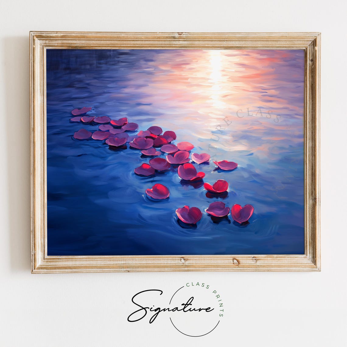 Red Rose Petals Floating on Blue Water Sunset Serene Art Poster