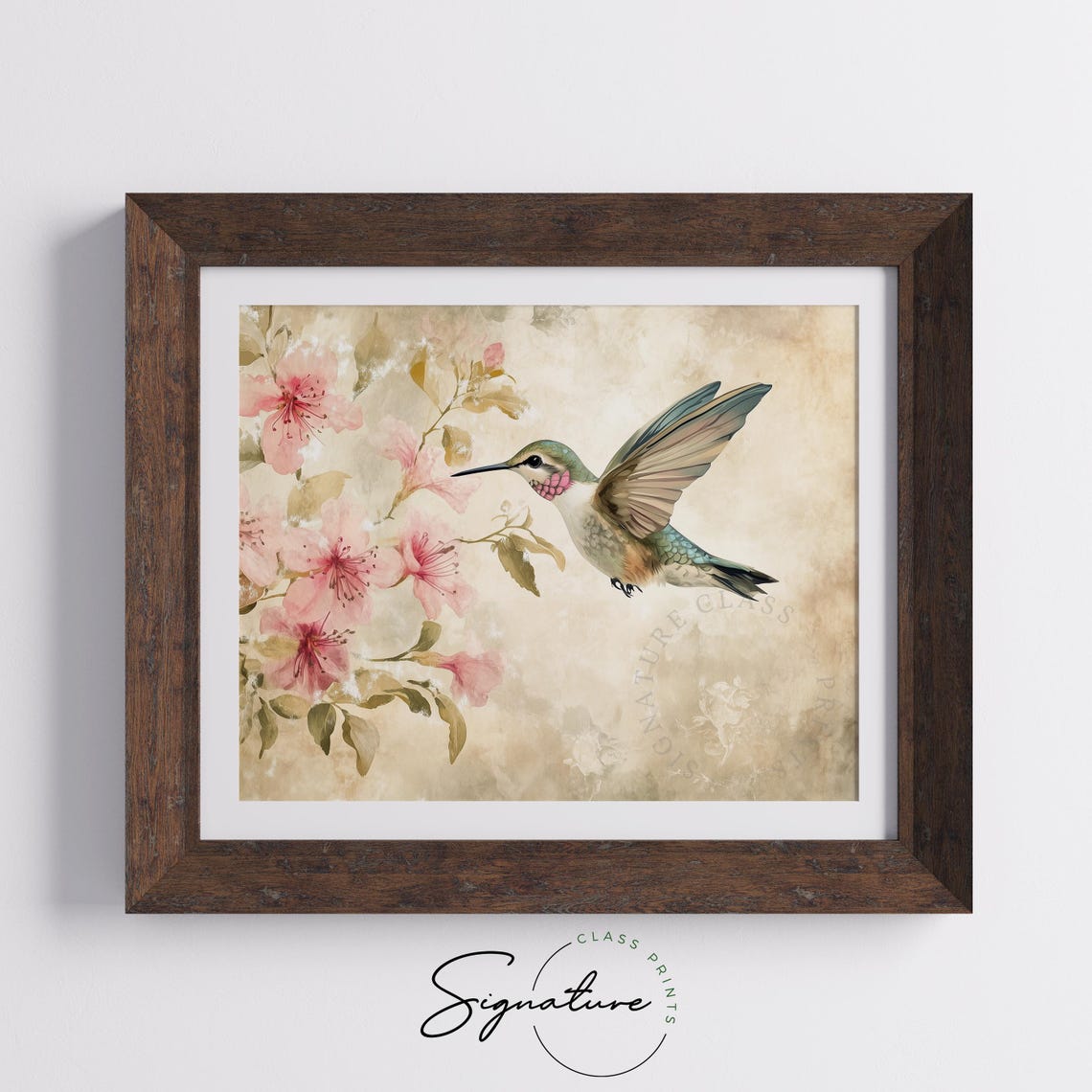Hummingbird Hovering Near Pink Blossoms Delicate Vintage Wall Art - Image 5