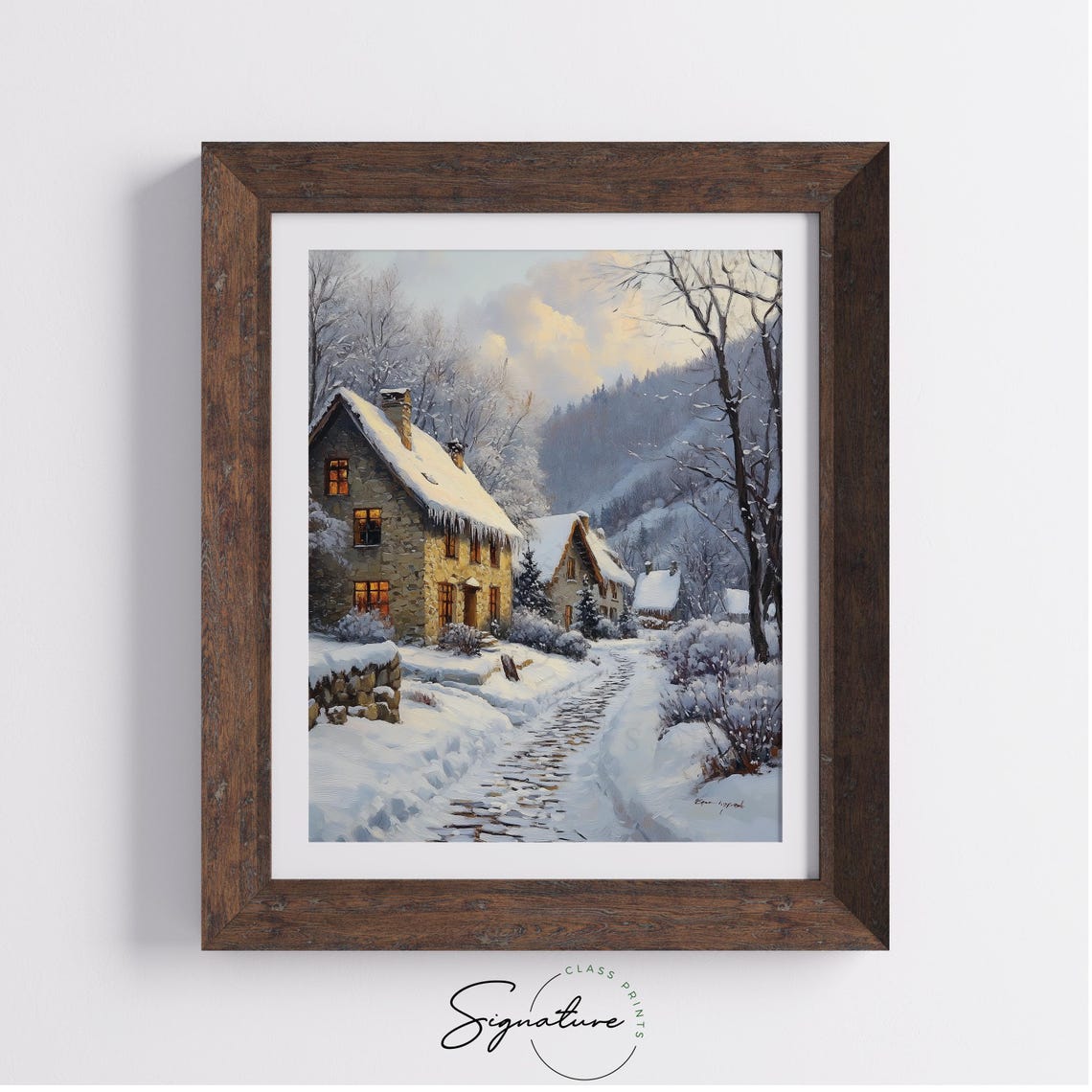 Glowing Stone Cottages on Snowy Village Path Winter Scene Poster - Image 3