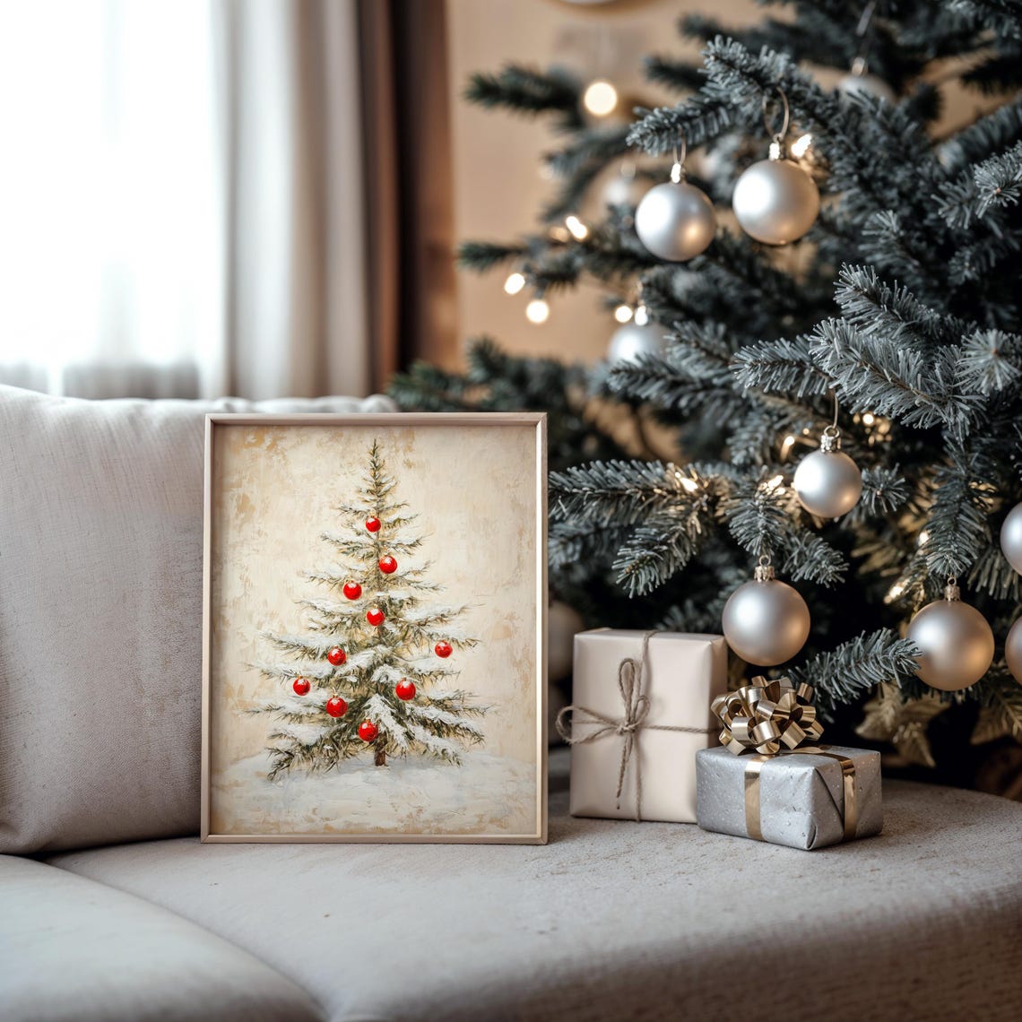 Minimalist Snowy Christmas Tree with Red Baubles Holiday Poster - Image 5