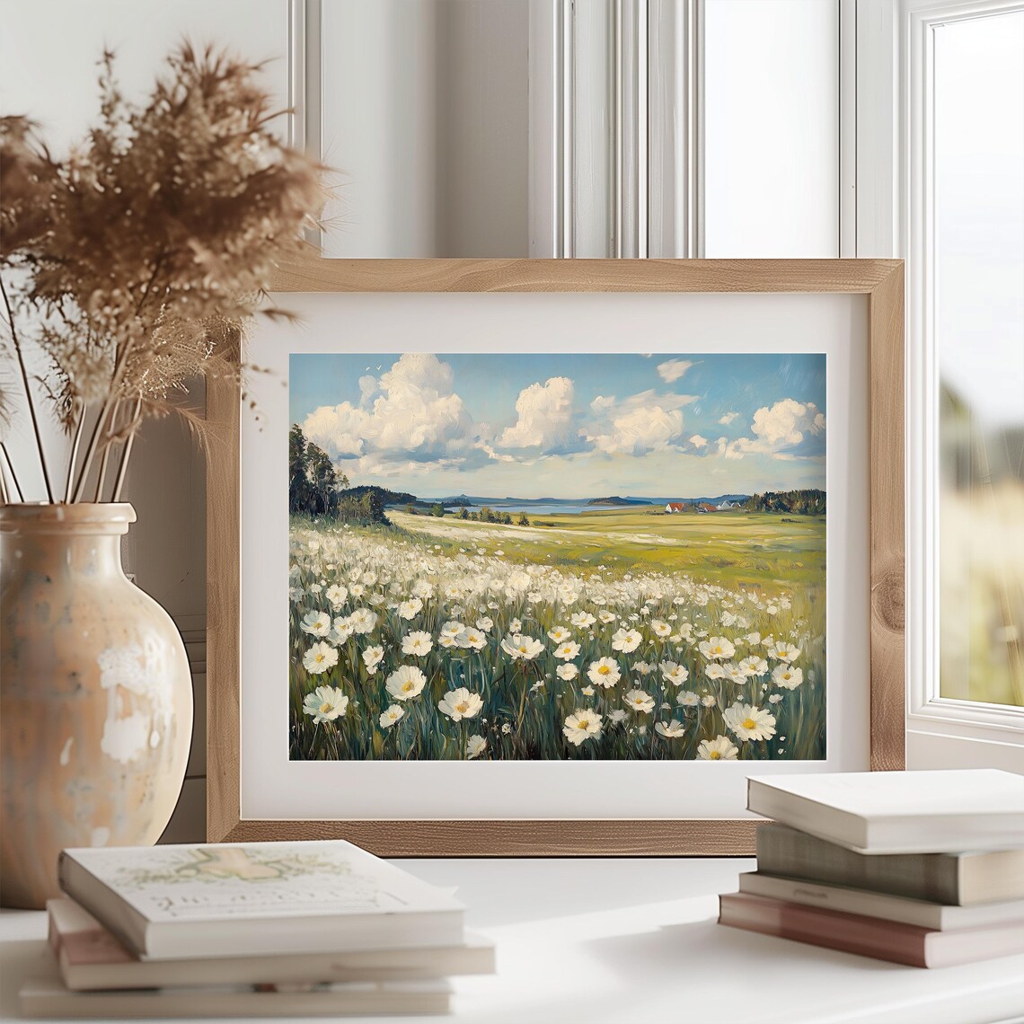 White Flowers Blooming Meadow Lakeside Summer Cottagecore Art Poster - Image 2