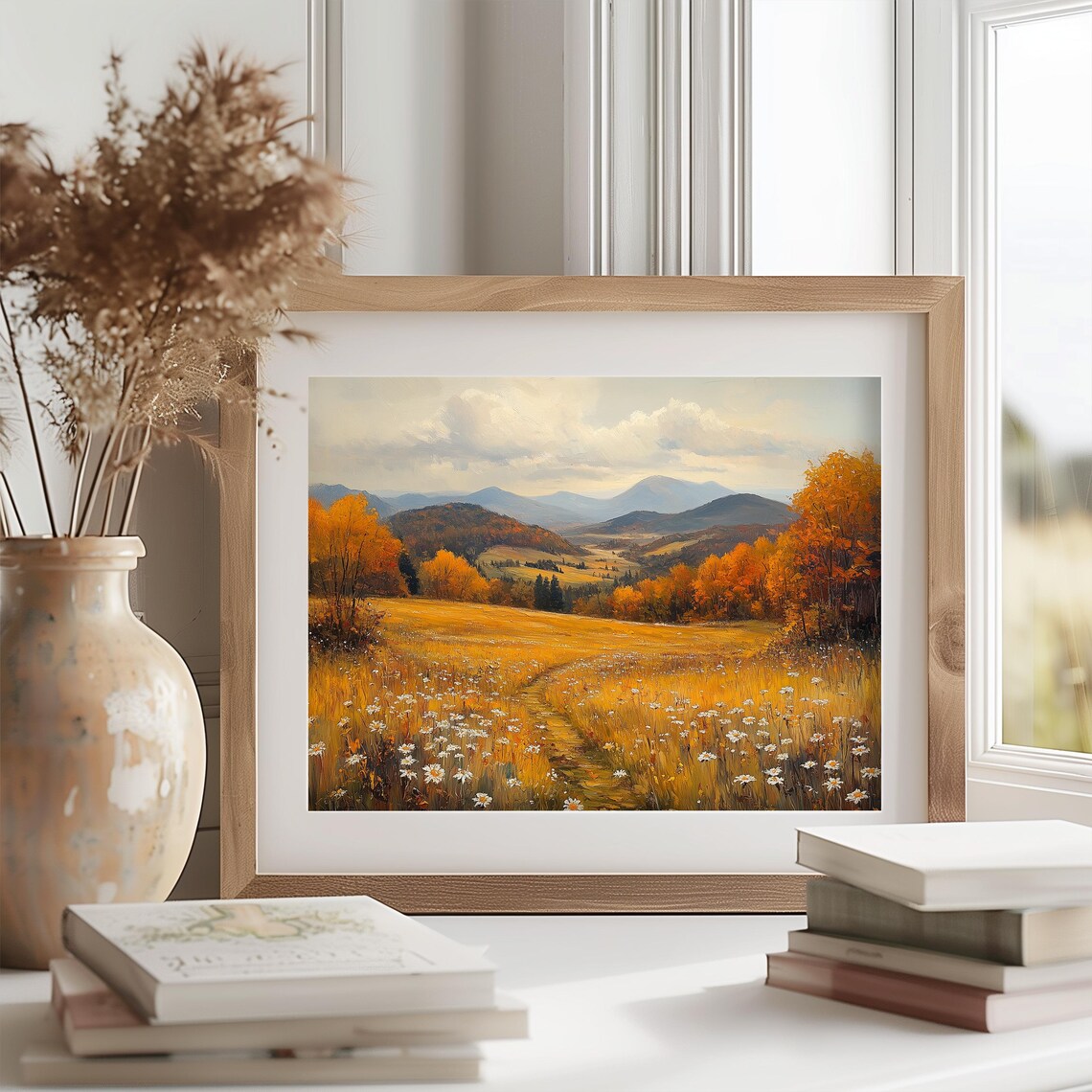 Golden Autumn Meadow With Wildflowers Path To Distant Hills Poster - Image 2