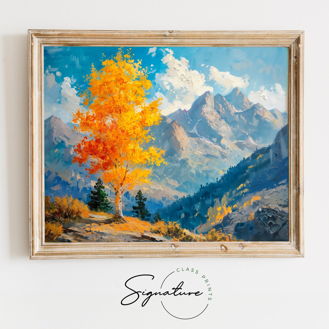 Blazing Orange Aspen Tree Jagged Peaks Bright Blue Sky Poster