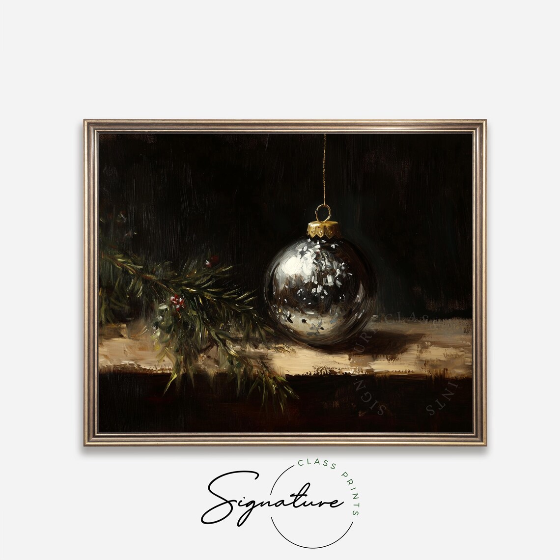 Silver Christmas Ornament Hanging With Pine Sprig Still Life Poster - Image 4