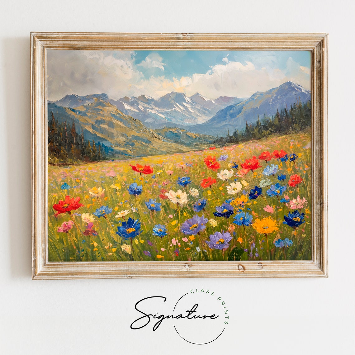 Vibrant Wildflower Meadow Beneath Snowy Peaks Colorful Art Poster