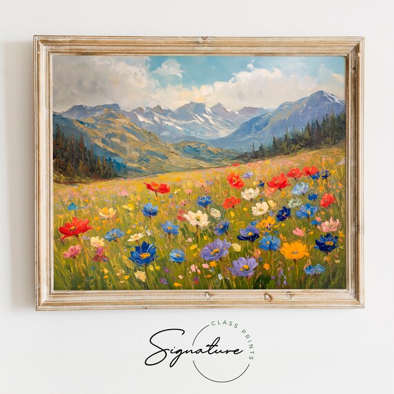 Vibrant Wildflower Meadow Beneath Snowy Peaks Colorful Art Poster