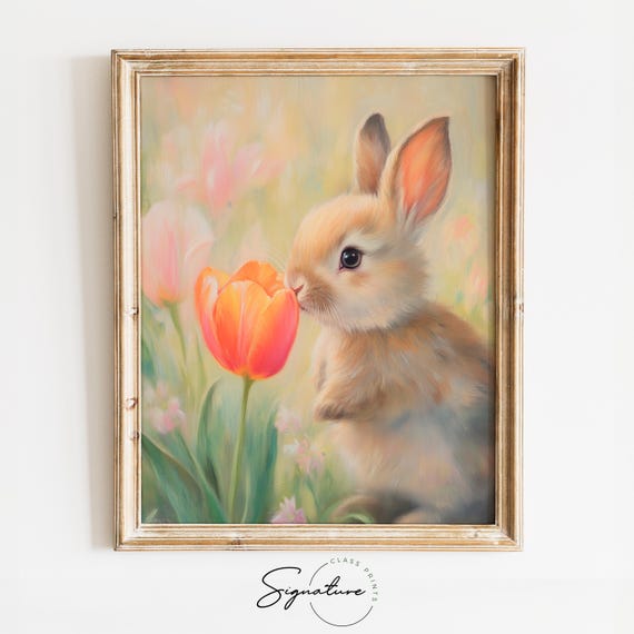 Baby Bunny With Tulip, Soft Pastel Spring Art Print
