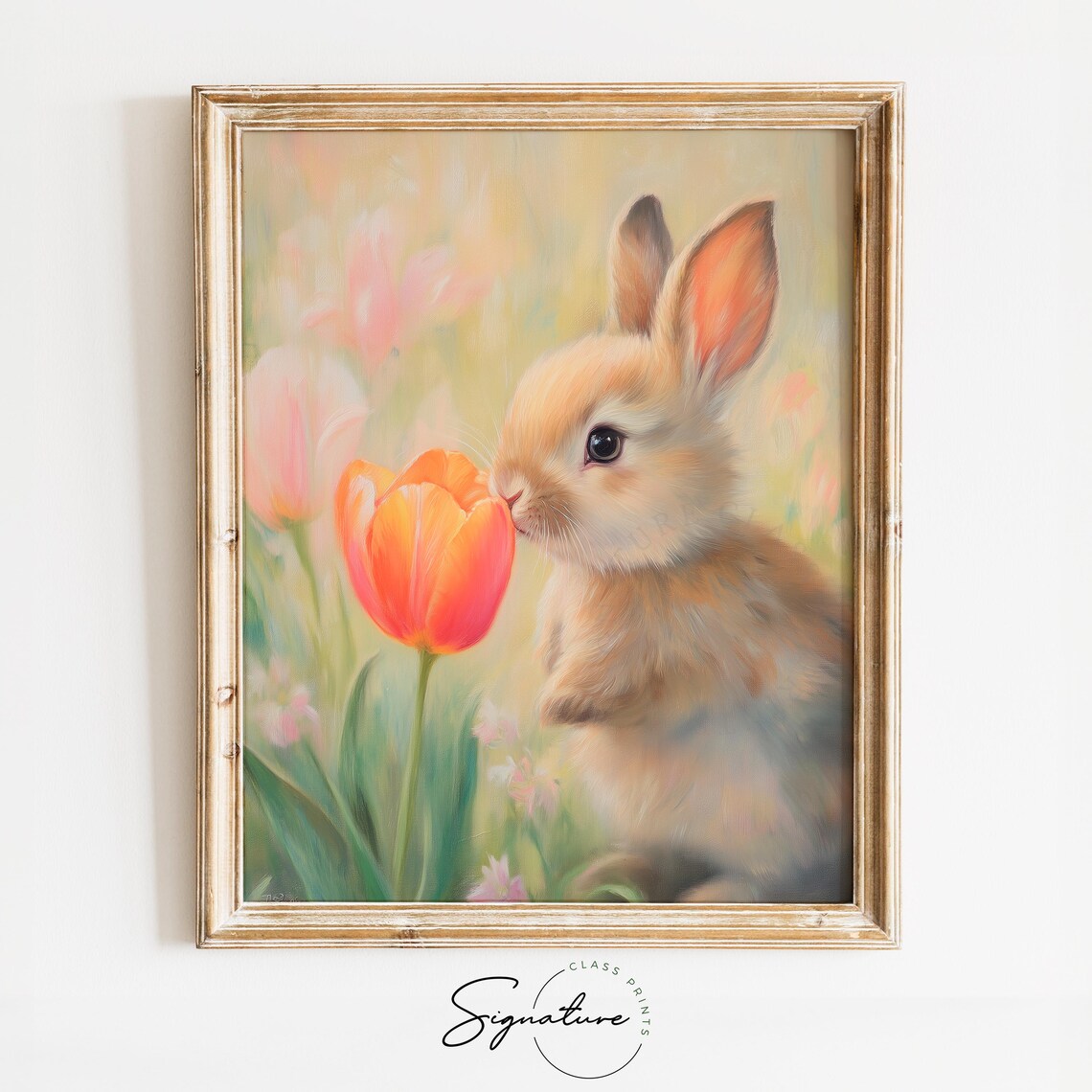 Baby Bunny With Tulip, Soft Pastel Spring Art Print
