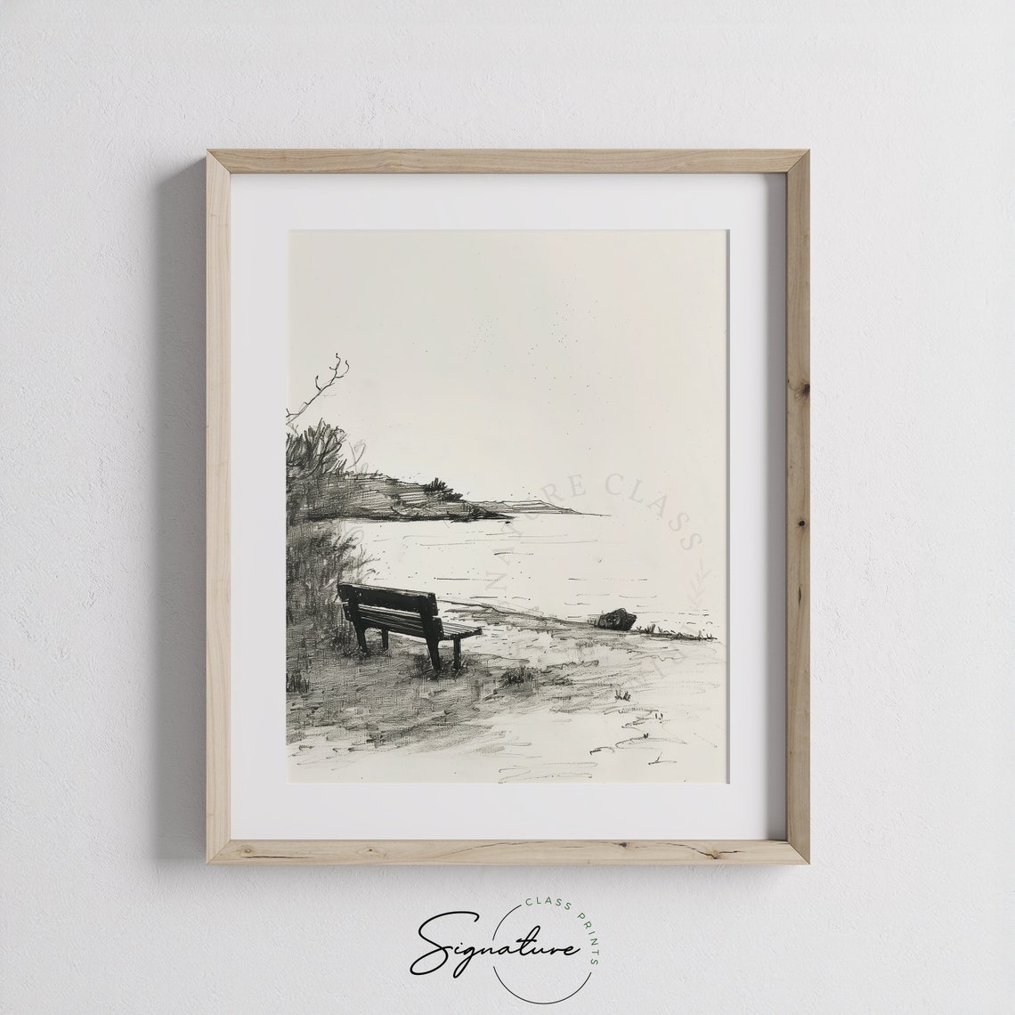 Lakeside Bench Overlooking Calm Cove Tranquil Water Sketch Poster - Image 3
