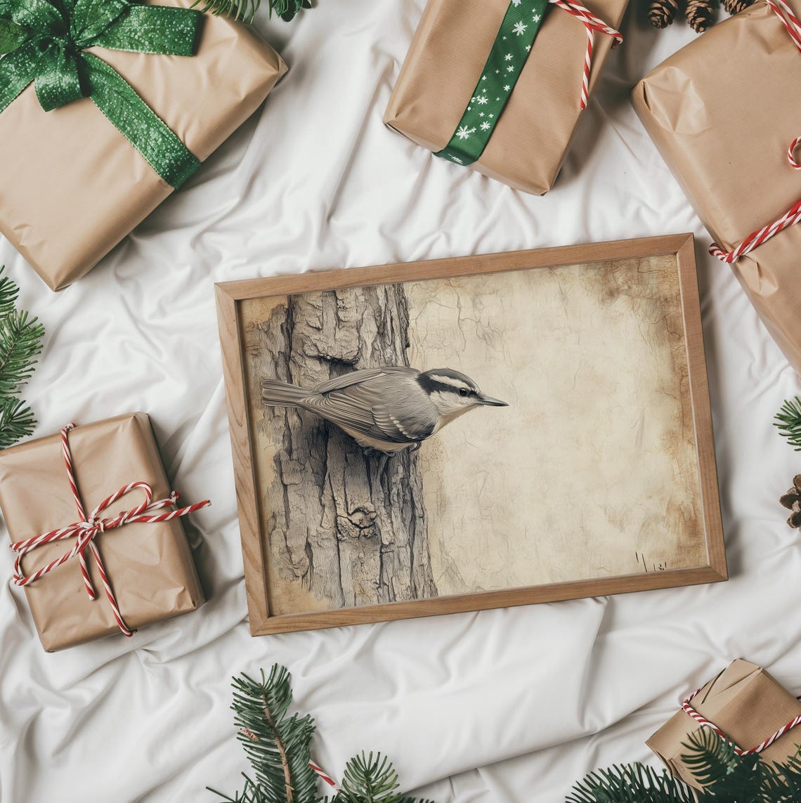 Nuthatch Bird Climbing Tree Trunk In Sepia Sketch Style Poster - Image 2