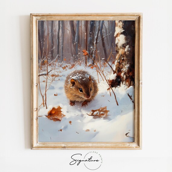 Cute Field Mouse Snowy Winter Forest Woodland Animal Oil Painting Poster