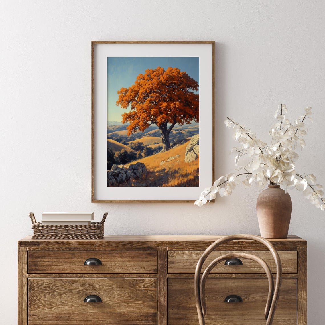 Lone Orange Oak Rocky Hillside Autumn Rolling Hills Blue Sky Poster - Image 5