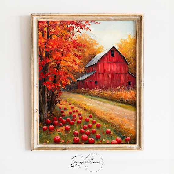 Red Barn With Fallen Apples Scattered Beneath Blazing Autumn Trees Wall Art