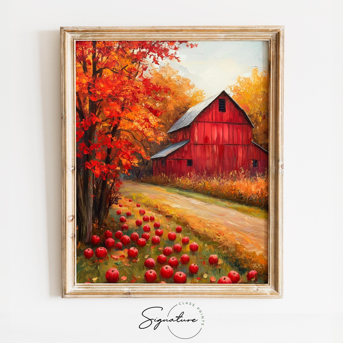 Red Barn With Fallen Apples Scattered Beneath Blazing Autumn Trees Wall Art
