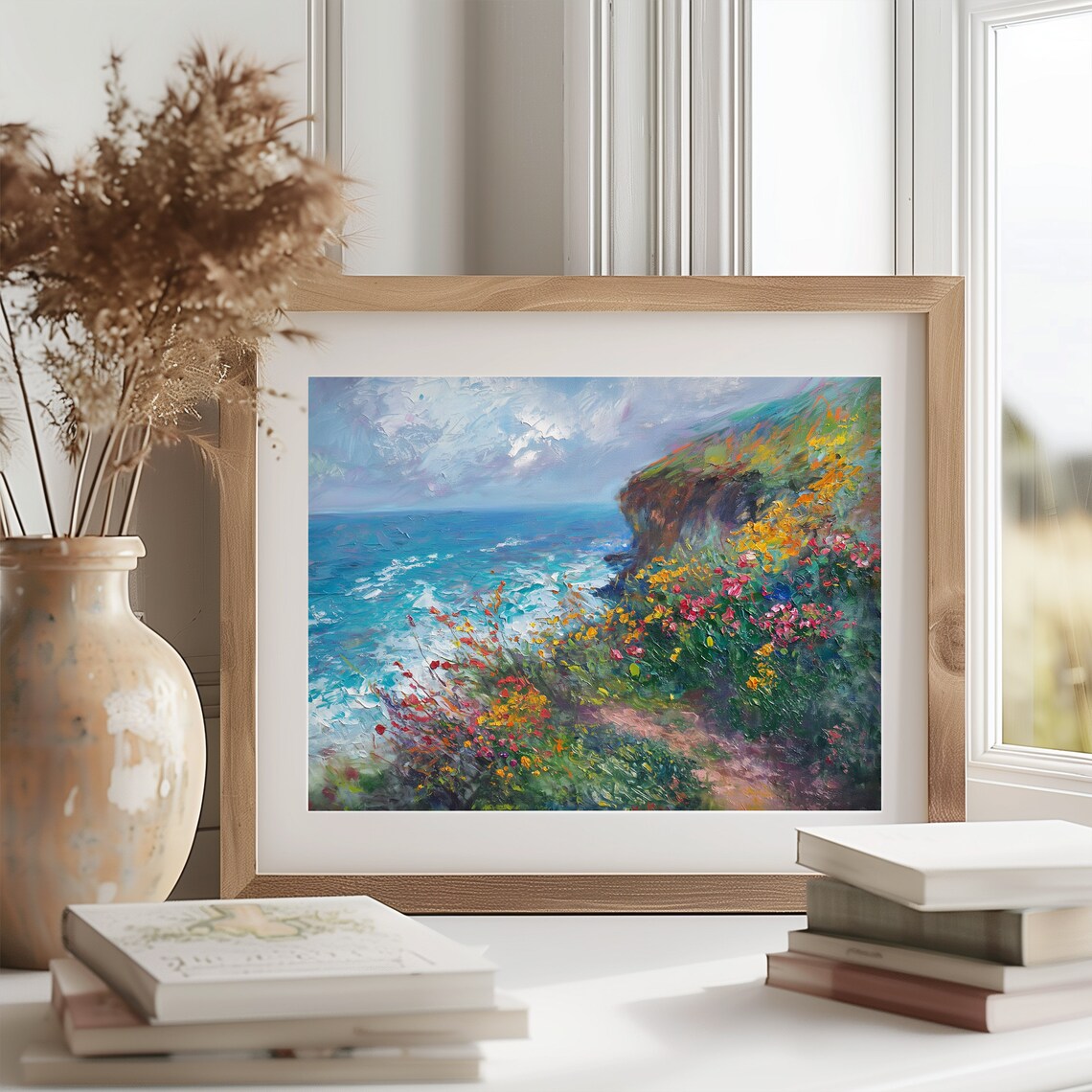 Coastal Cliff Wildflowers Overlooking Turquoise Ocean Impressionist Poster - Image 2