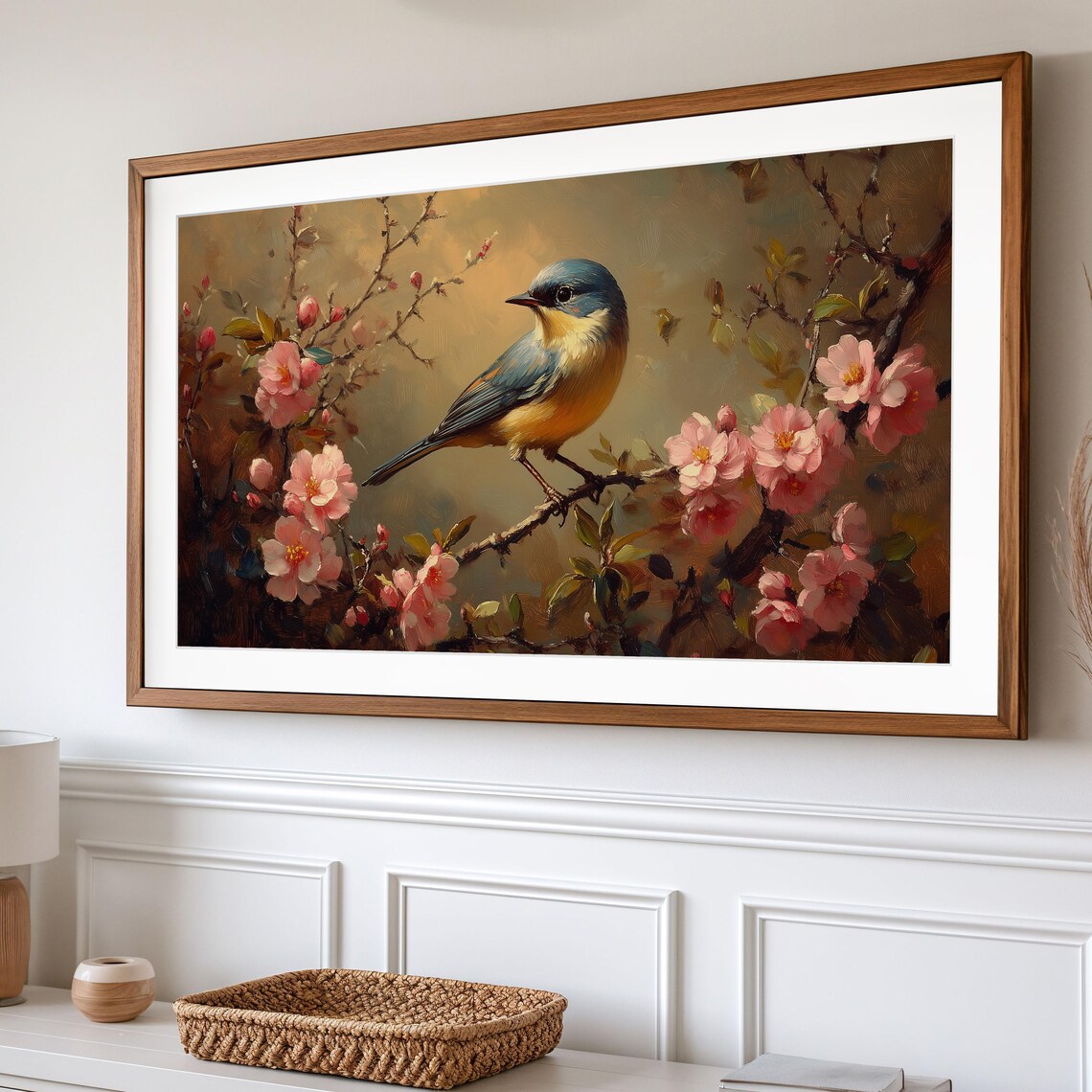 Finch Pink Azalea Blossoms Spring Bird Golden Tones Blossom Branch Poster - Image 2