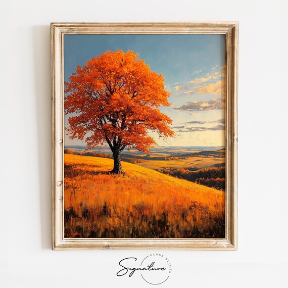 Lone Orange Tree Golden Meadow Autumn Horizon Pastoral Poster