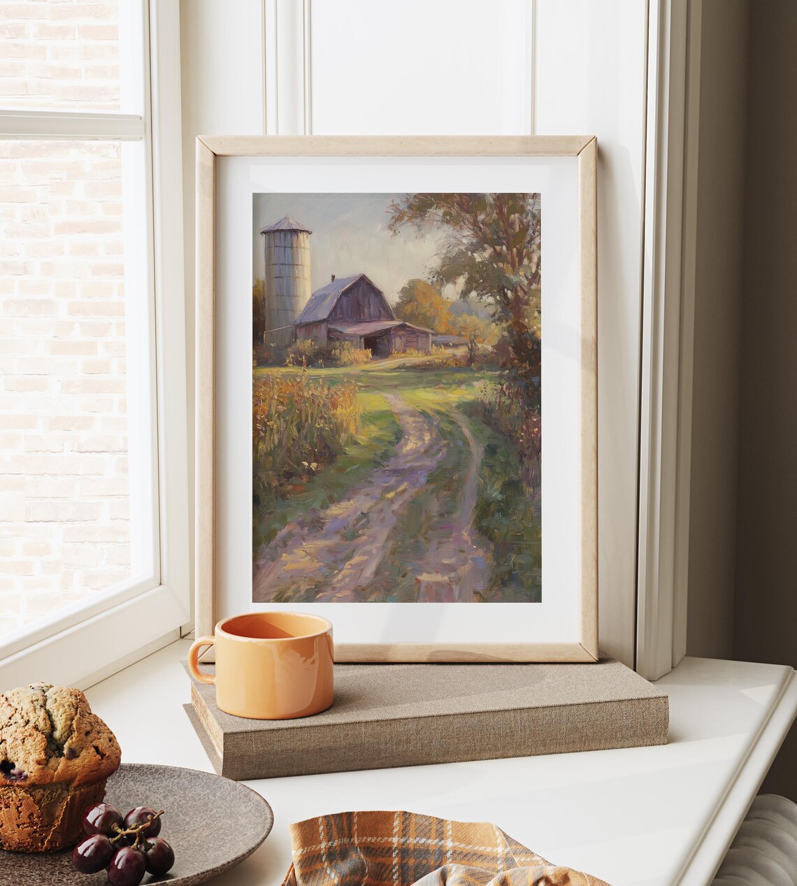 Old Red Barn With a Tall Silo Beside a Sunlit Country Road Poster - Image 6