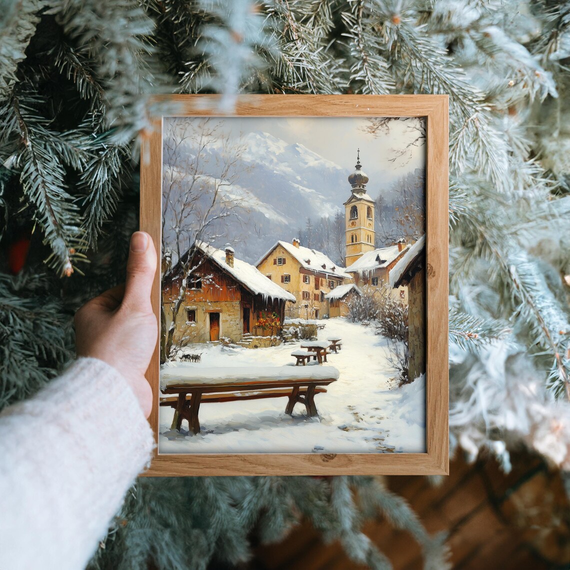 Snowy Alpine Village With Church Bell Tower And Benches Winter Poster - Image 6