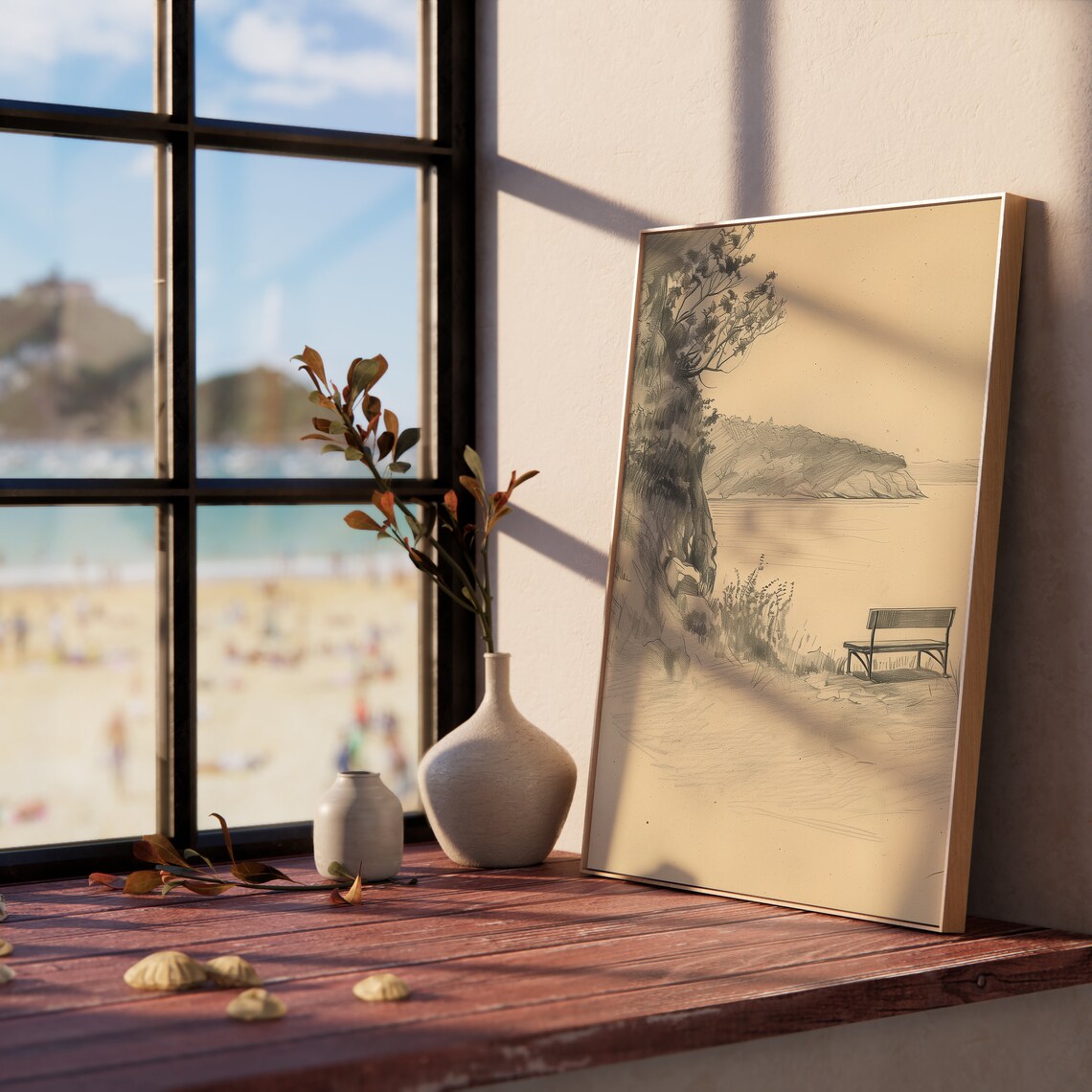 Secluded Cove Overlook Bench Cliff Sepia Landscape Sketch Poster - Image 5