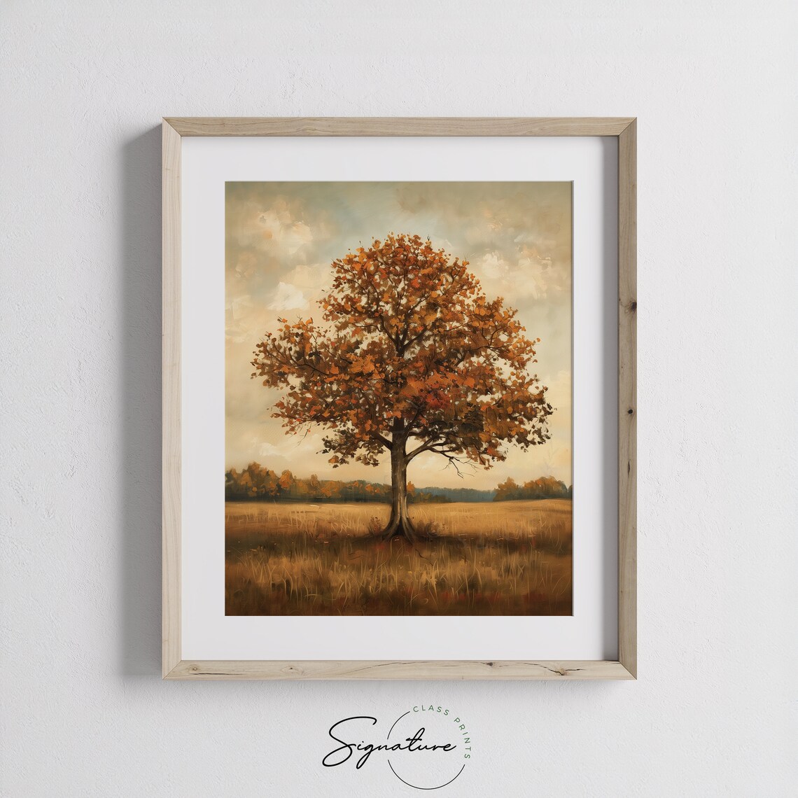 Lone Autumn Oak Tree with Orange Leaves in Golden Field Poster - Image 3