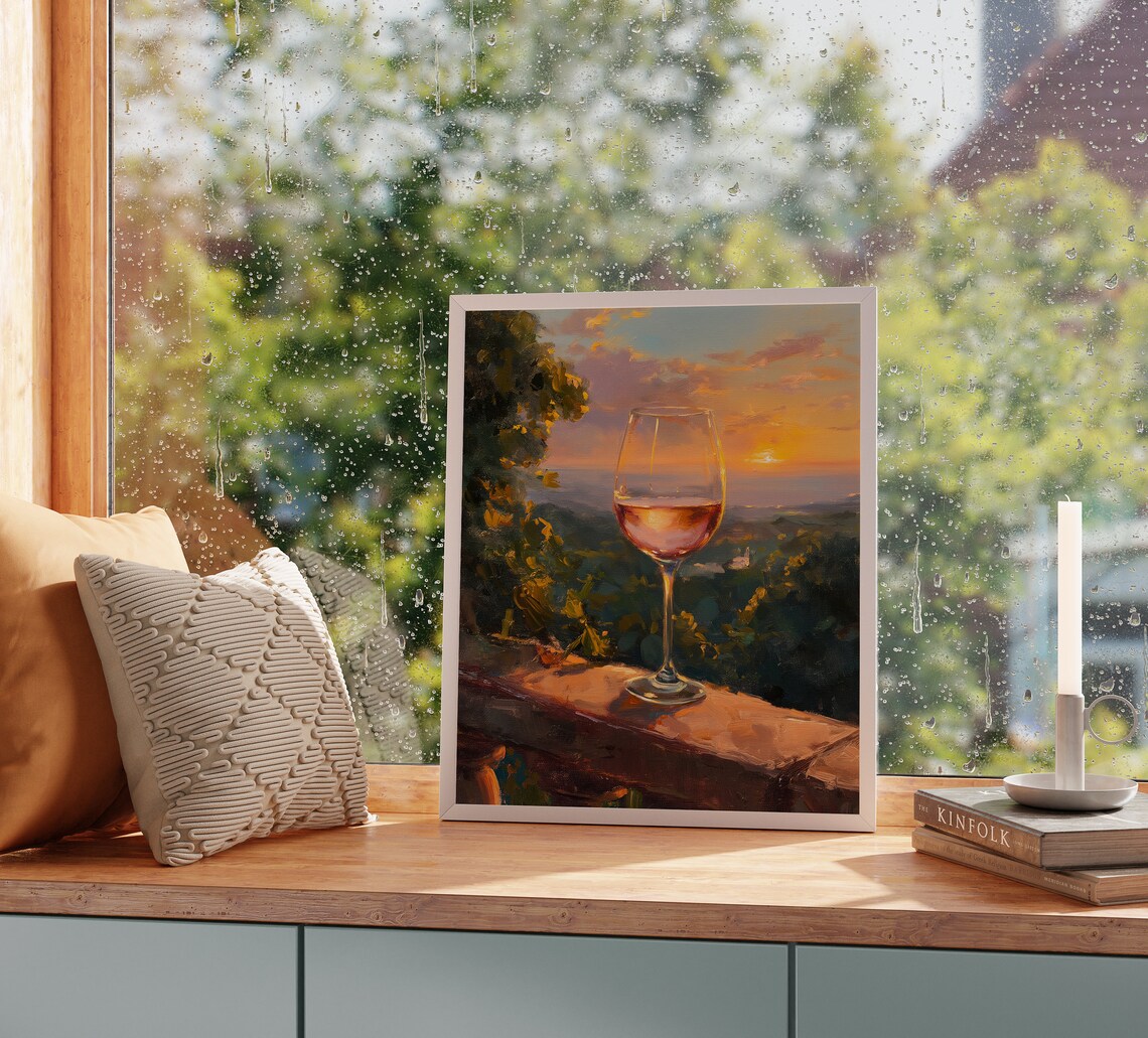 Glass Rose Wine Balcony Sunset Hills Golden Hour Romantic Evening Poster - Image 2