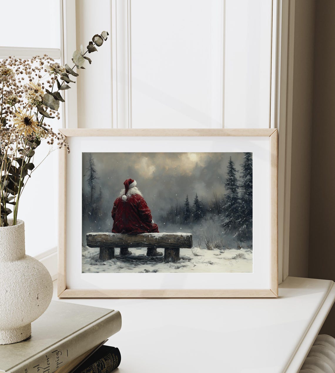 Santa Claus Sitting On A Log Bench Gazing At The Winter Forest Poster - Image 6