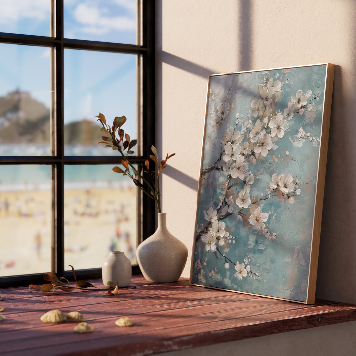 White Cherry Blossom Branch Teal Background Floral Art Poster - Image 5