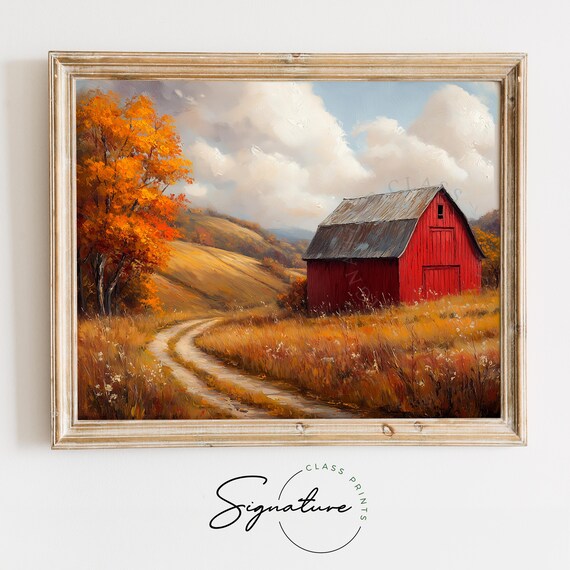 Red Barn Autumn Road Rolling Hills Fall Farmhouse Landscape Wall Art