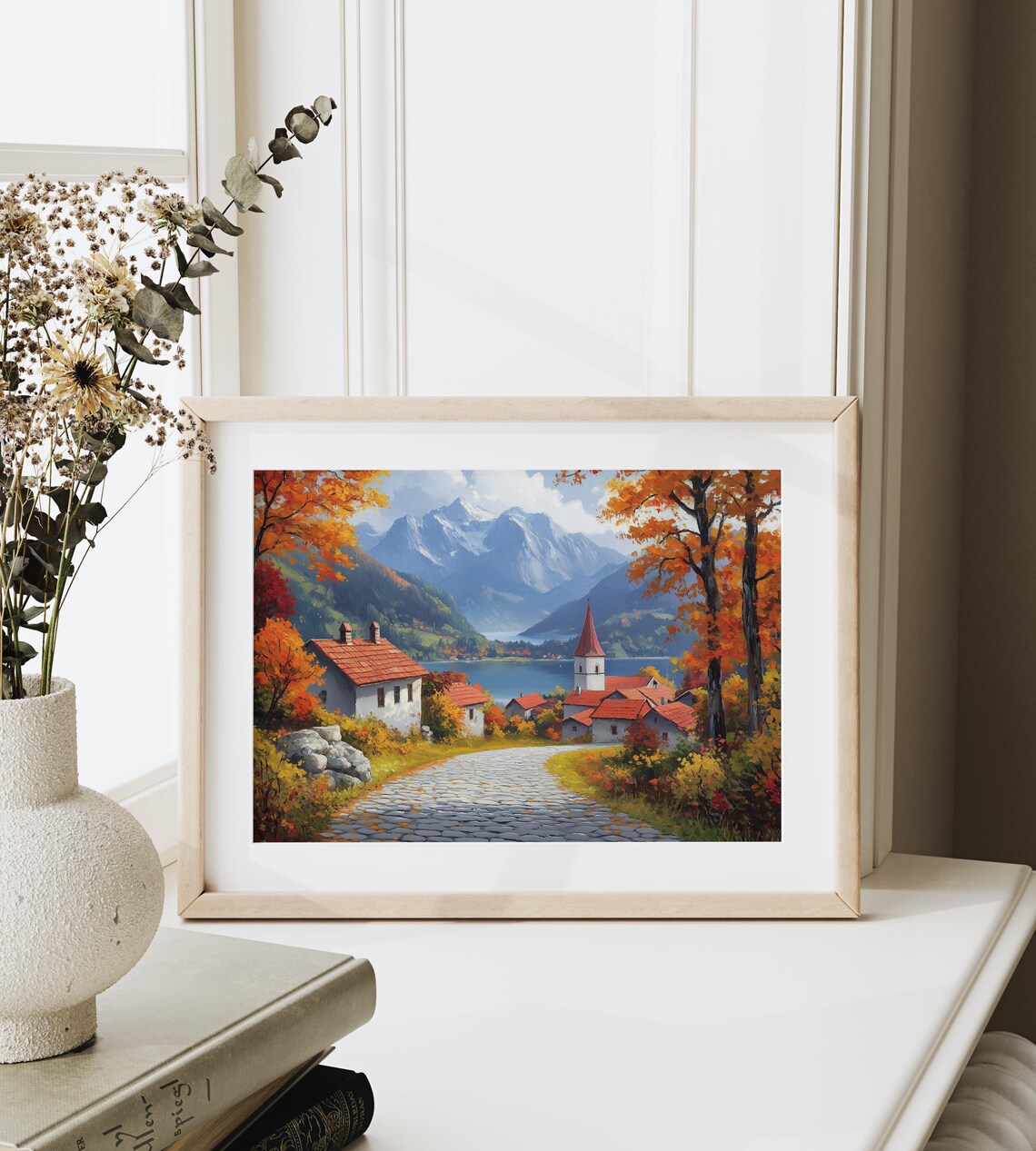 Alpine Village Autumn Lane Mountain Lake Chapel Fall Landscape Wall Art - Image 6