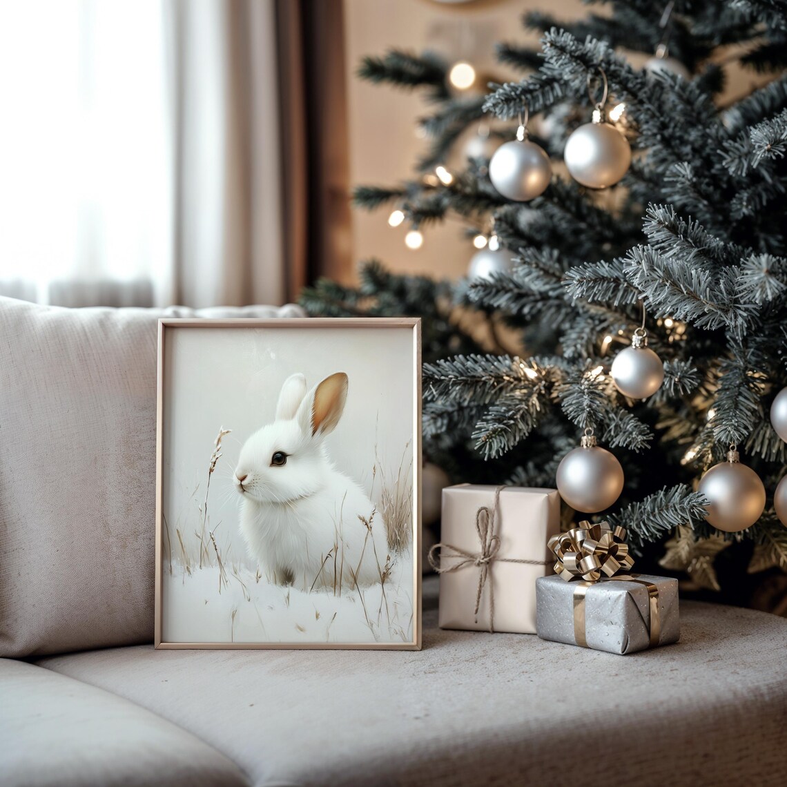 White Rabbit In Snowy Meadow With Winter Grasses Animal Art Poster - Image 5