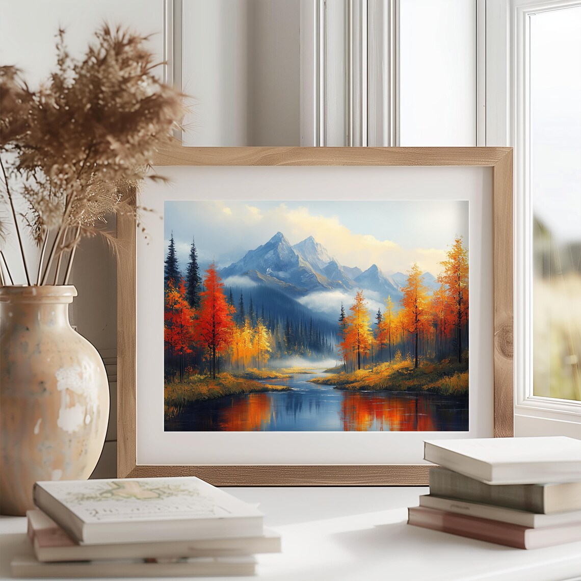 Autumn Mountain River Fall Foliage Reflection Scenic Landscape Wall Art - Image 2