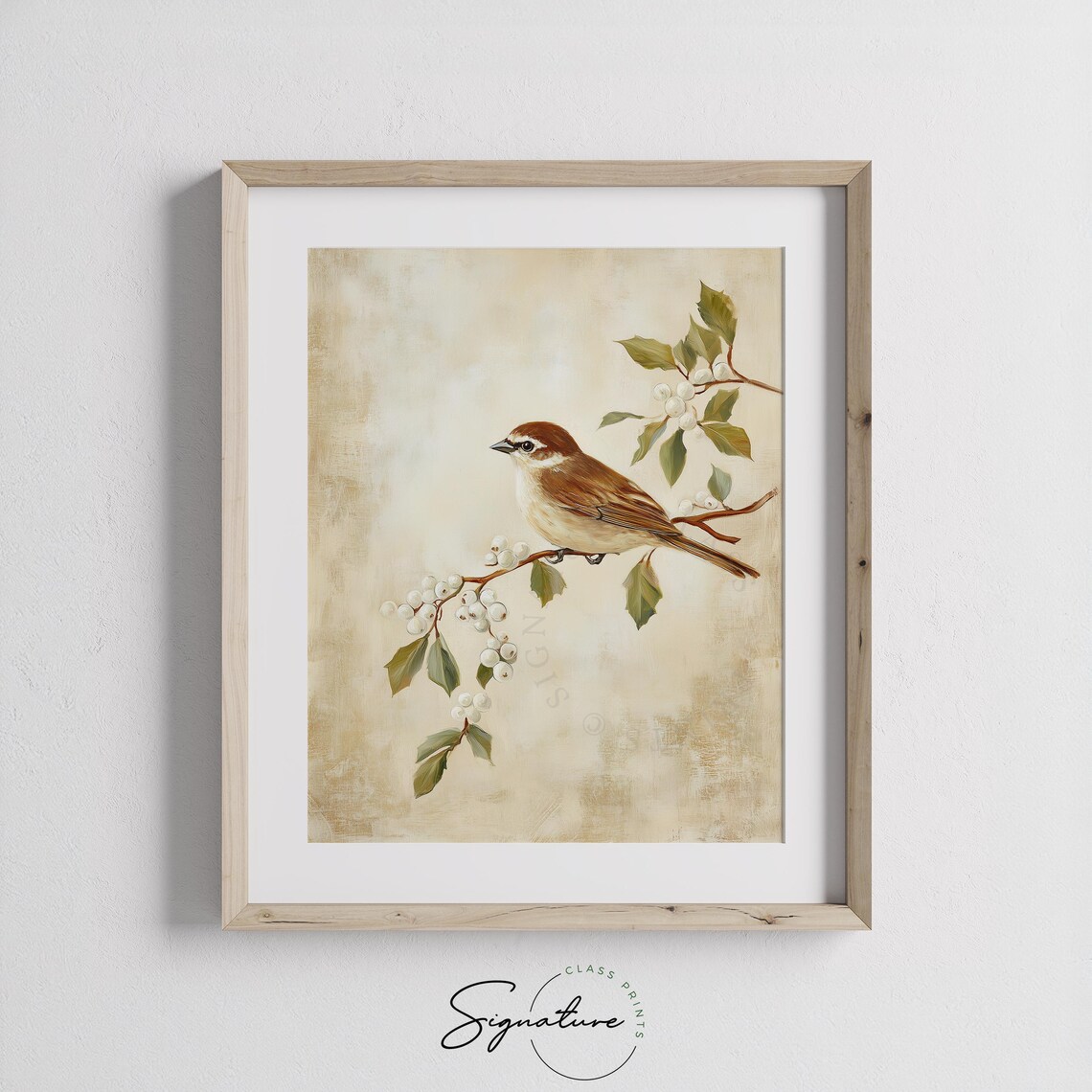 Sweet Brown Songbird on Winter Berry Branch Oil Painting Poster - Image 2